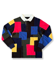 百家布イメージのカラーブロックパッチワークが映える長袖ポロシャツ
