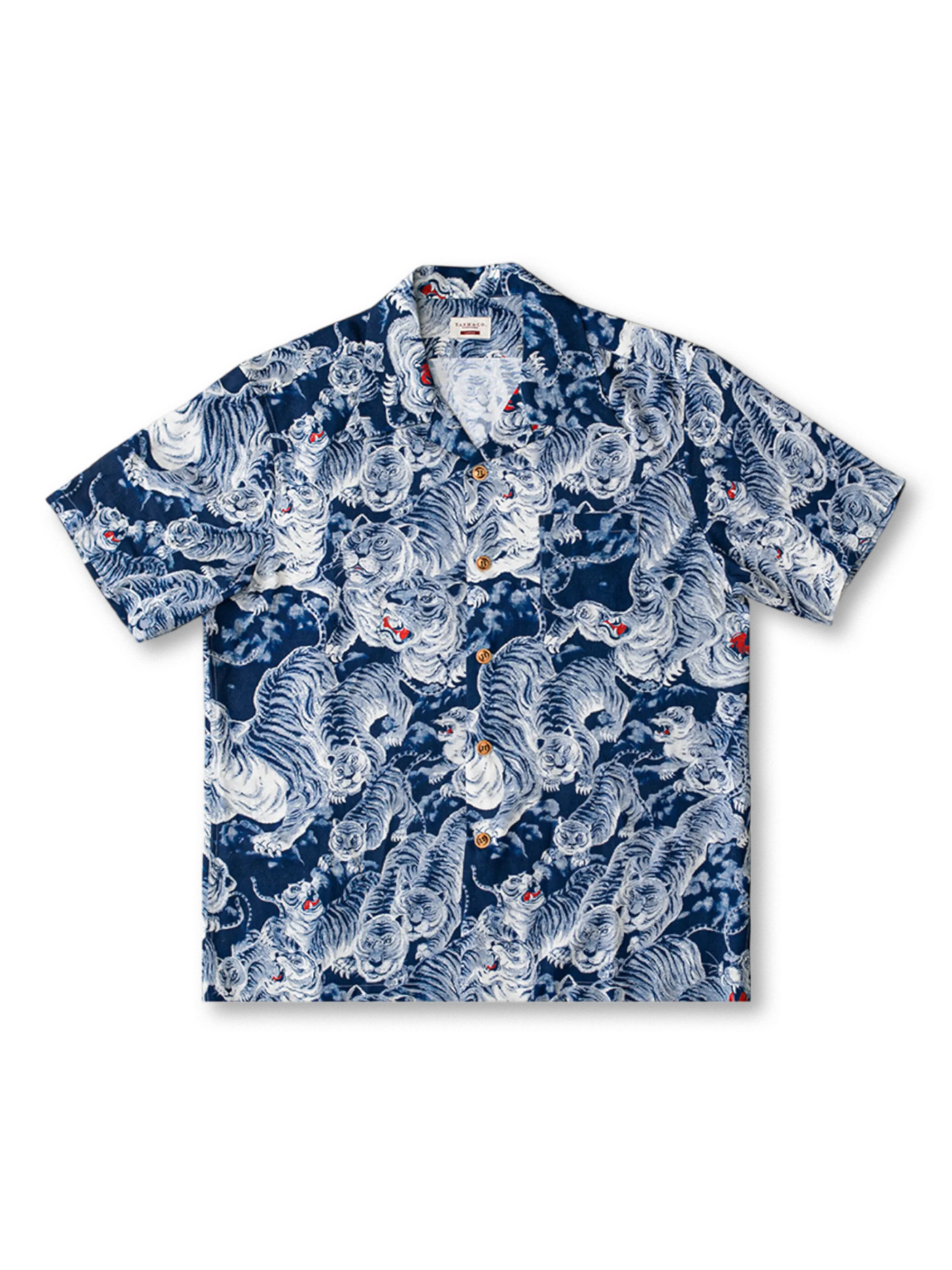 百虎柄キューバカラーアロハシャツ、靛藍と朱赤、ルーズフィット、麻混素材
