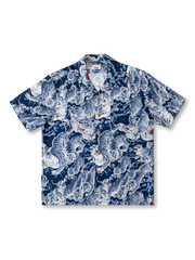 百虎柄キューバカラーアロハシャツ、靛藍と朱赤、ルーズフィット、麻混素材