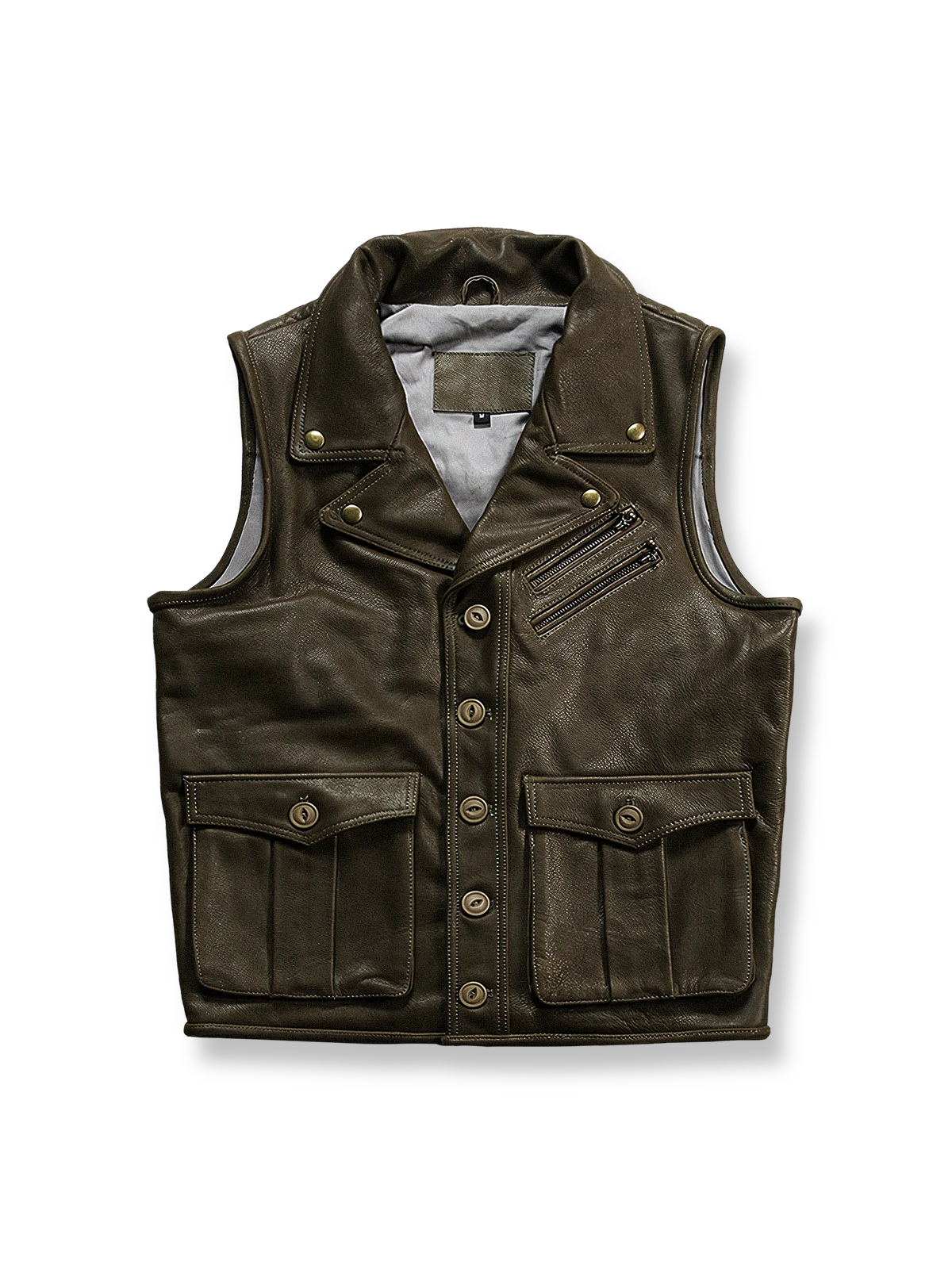 厚手牛革製のハンティングレザーベスト。リベット装飾と迷彩裏地付き、多機能ポケット搭載。