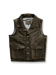 厚手牛革製のハンティングレザーベスト。リベット装飾と迷彩裏地付き、多機能ポケット搭載。