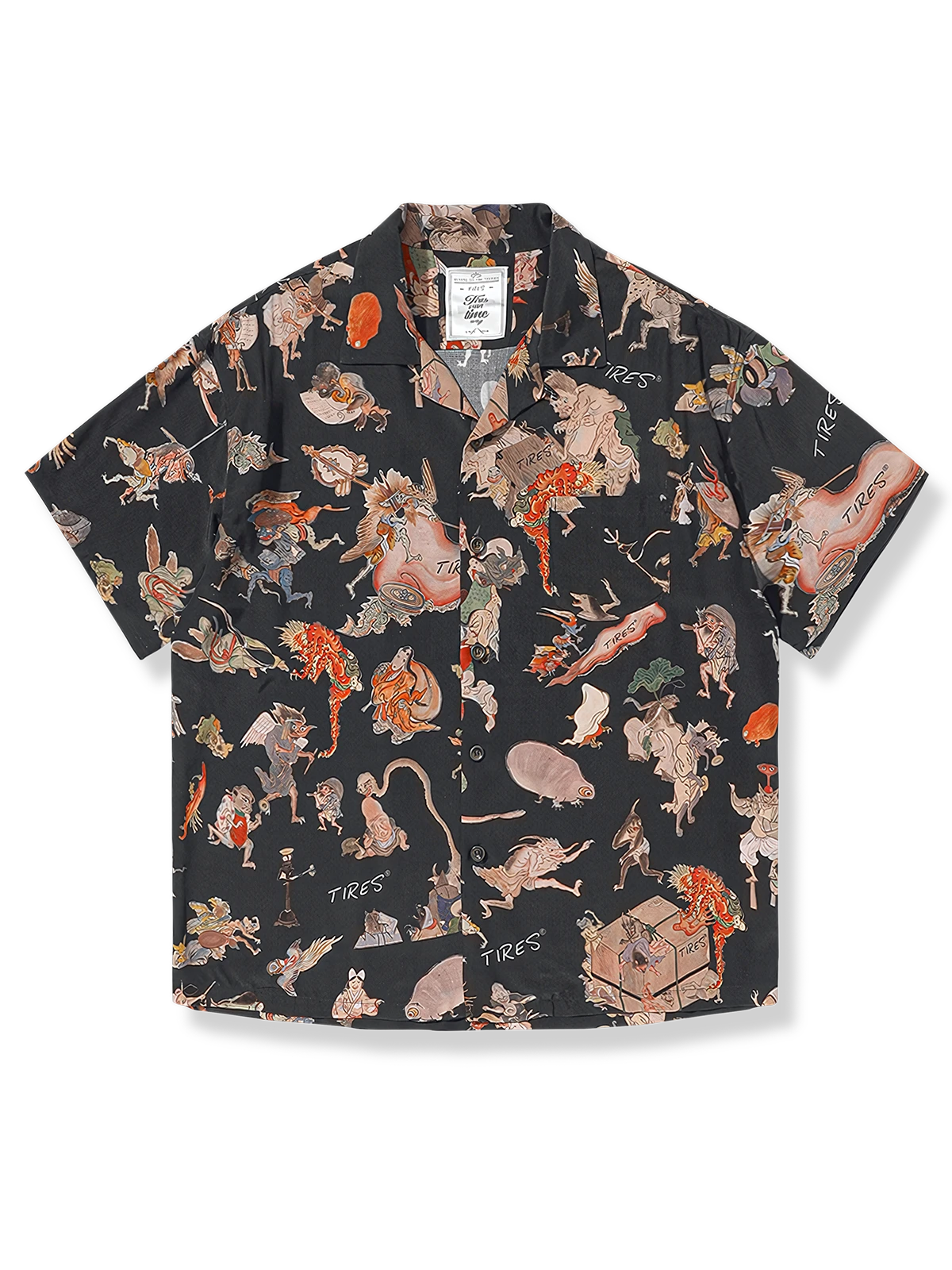 「百鬼夜行」柄アロハキューバシャツ、日本の妖怪とトロピカルデザイン融合、黒・黄の2色展開、滑らかで通気性良いポリエステル素材