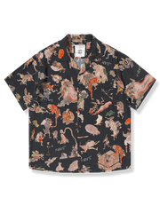 「百鬼夜行」柄アロハキューバシャツ、日本の妖怪とトロピカルデザイン融合、黒・黄の2色展開、滑らかで通気性良いポリエステル素材