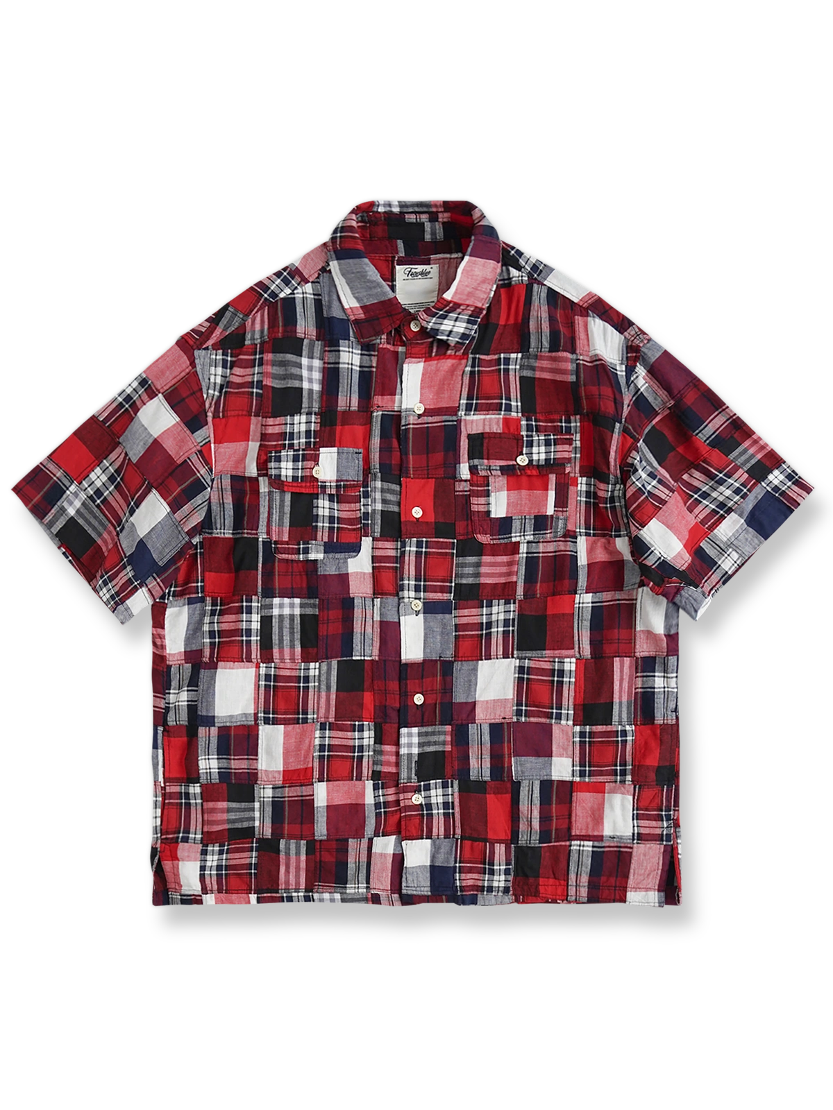 レッド系チェック布を使ったヒャクヤ布風パッチワークのリラックス半袖シャツ