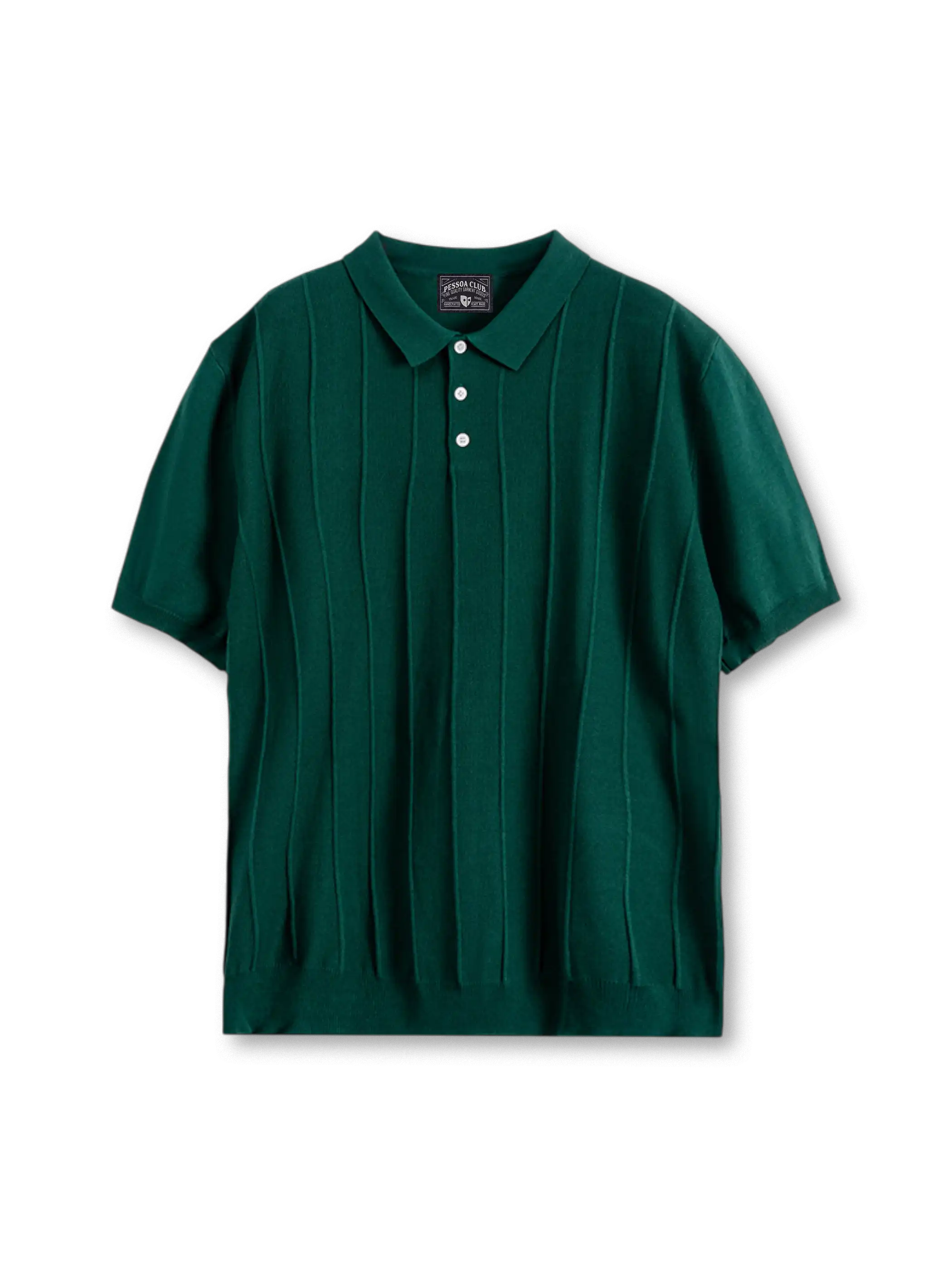 アイスシルクストライプポロの全身ビュー、立体ストライプ編みと排ボタン襟を強調。