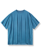アイスシルクニット素材の縦縞リブ入りオフショルダー半袖Tシャツ