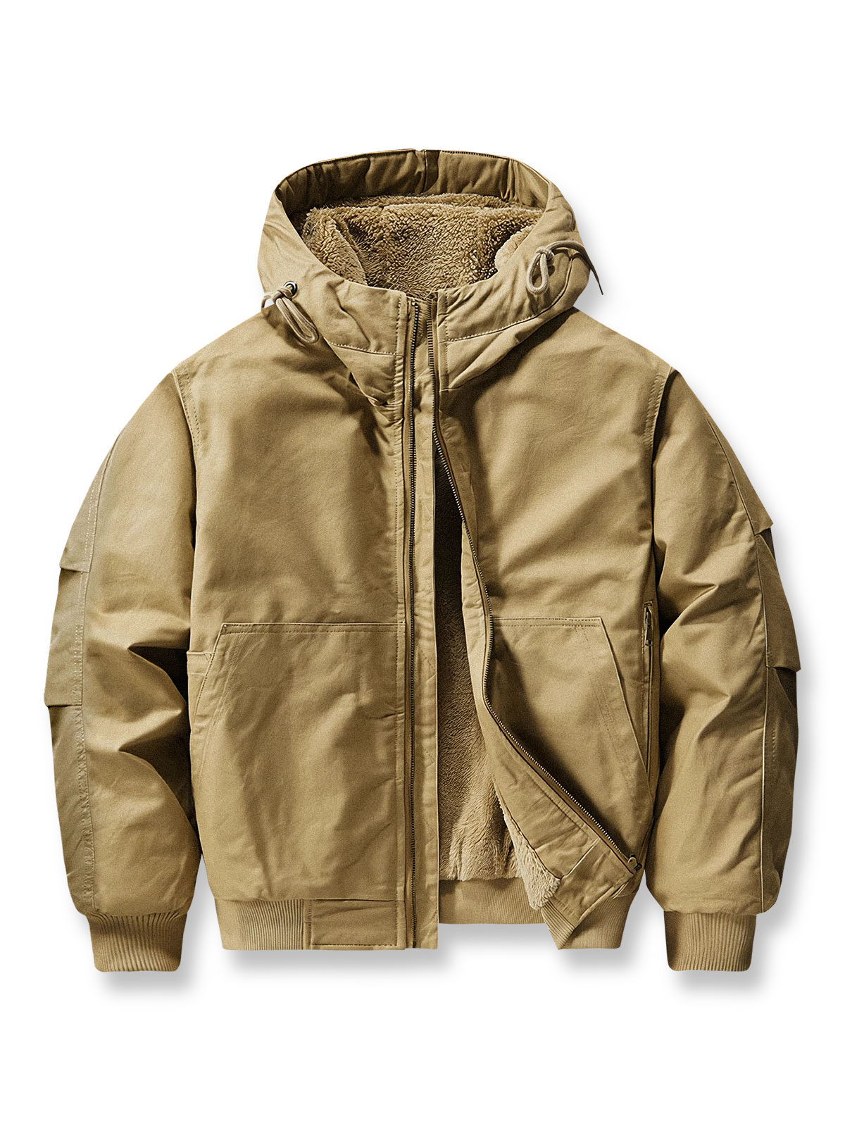 米軍M-65改良モデルのフード付きウール混紡ジャケット。裏起毛素材と多ポケット設計が特徴。