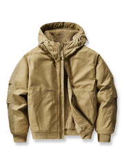 米軍M-65改良モデルのフード付きウール混紡ジャケット。裏起毛素材と多ポケット設計が特徴。