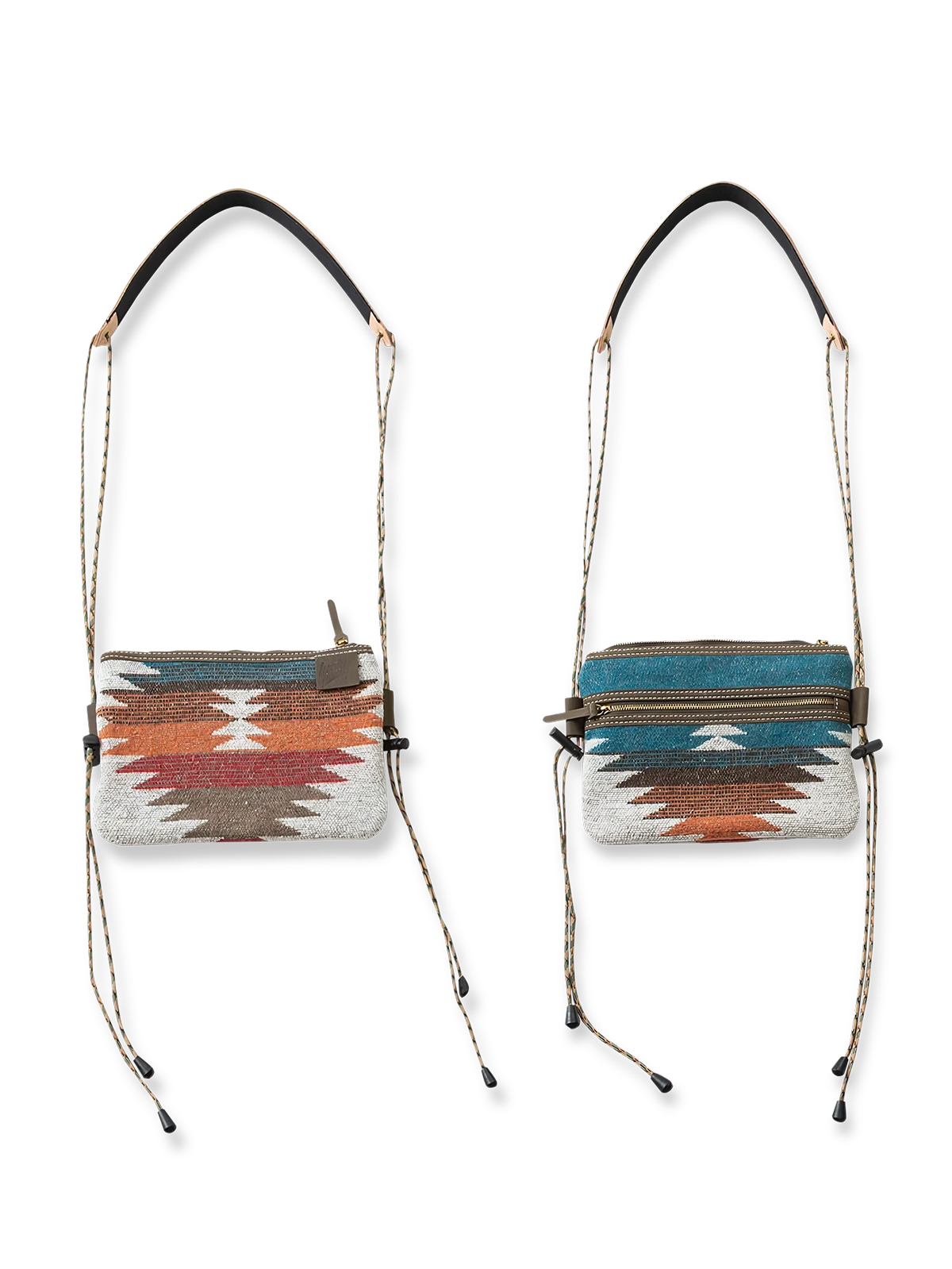 インディアン・ナバホ風パターンとレザーショルダーストラップを配した耐久性素材のエンベロープバッグ。