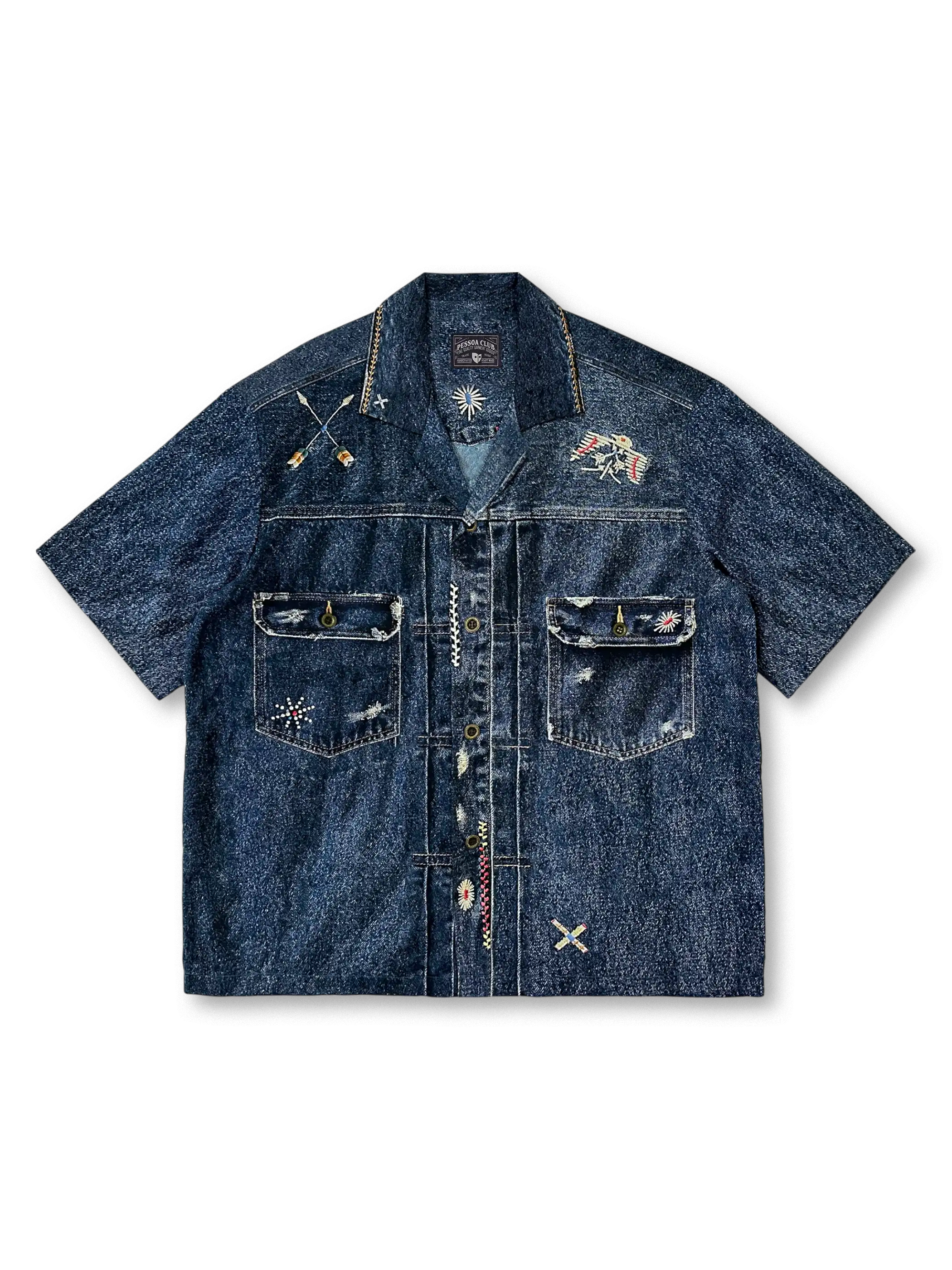 インディアン雷鳥プリントが両肩に施されたヴィンテージ風6.5オンスデニムシャツ