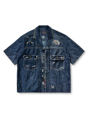 インディアン雷鳥プリントが両肩に施されたヴィンテージ風6.5オンスデニムシャツ