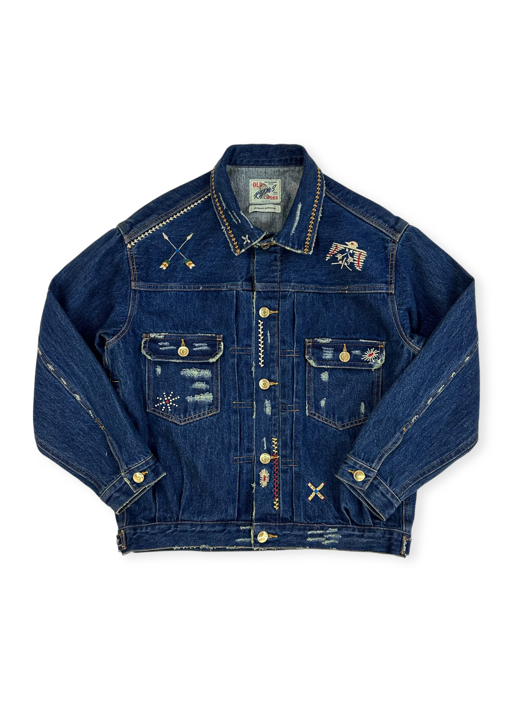 サンダーバード刺繍とウォッシュ加工を施した100%コットンのヴィンテージスタイルデニムジャケット。