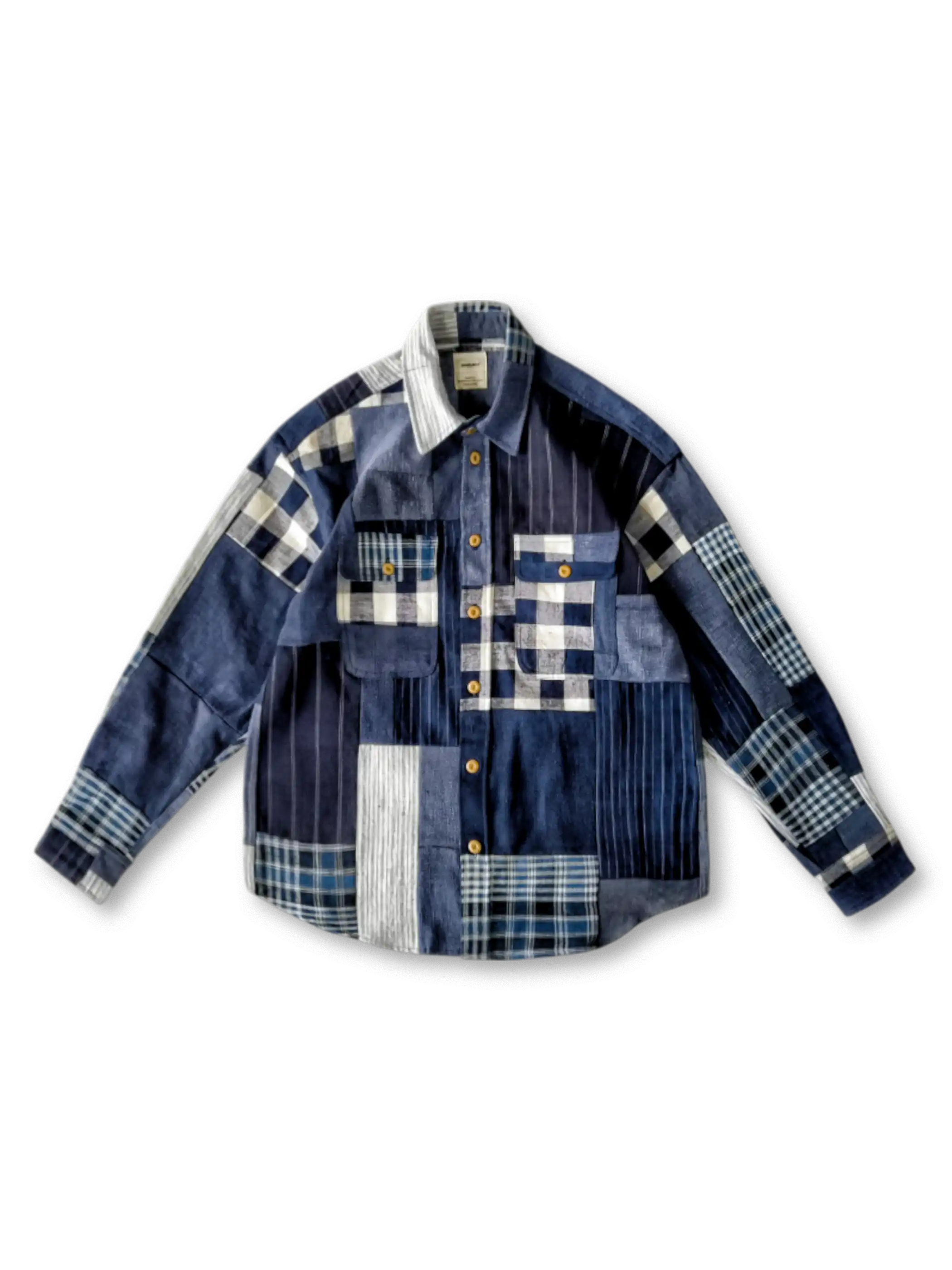 藍染 古布パッチワーク 長袖シャツ メンズ ハンドメイド ヴィンテージ