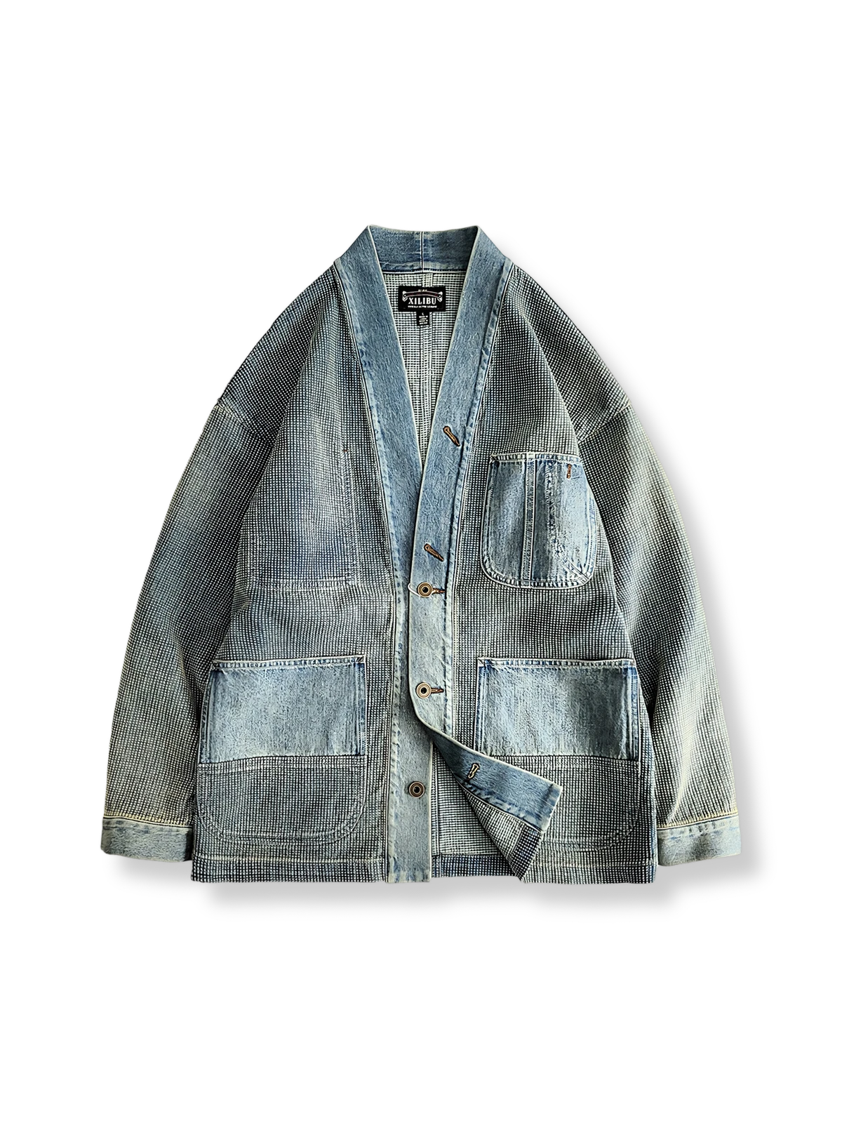 藍染デニム刺し子織りを施した袢纏スタイルの刺繍ジャケット