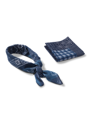 コットンリネン素材のインディゴ染めバンダナ(ヒャクヤ布&ペイズリープリント、55×55cm)