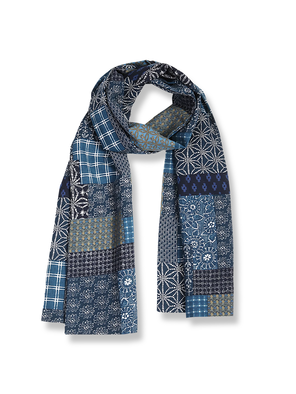 インディゴ染めのコットンリネン混紡マフラー、ヴィンテージ調プリント入り。