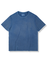 藍染ニットネックTシャツ、ヴィンテージウォッシュド加工、刺し子テクスチャー、着心地良好