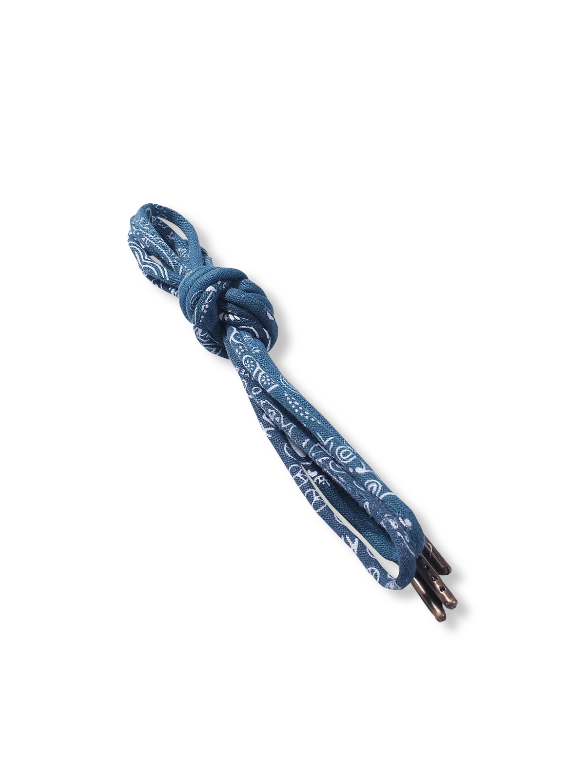 インディゴ染めパッチワークヴィンテージシューレースの全体画像、丸型デザインと金属チップのディテール。