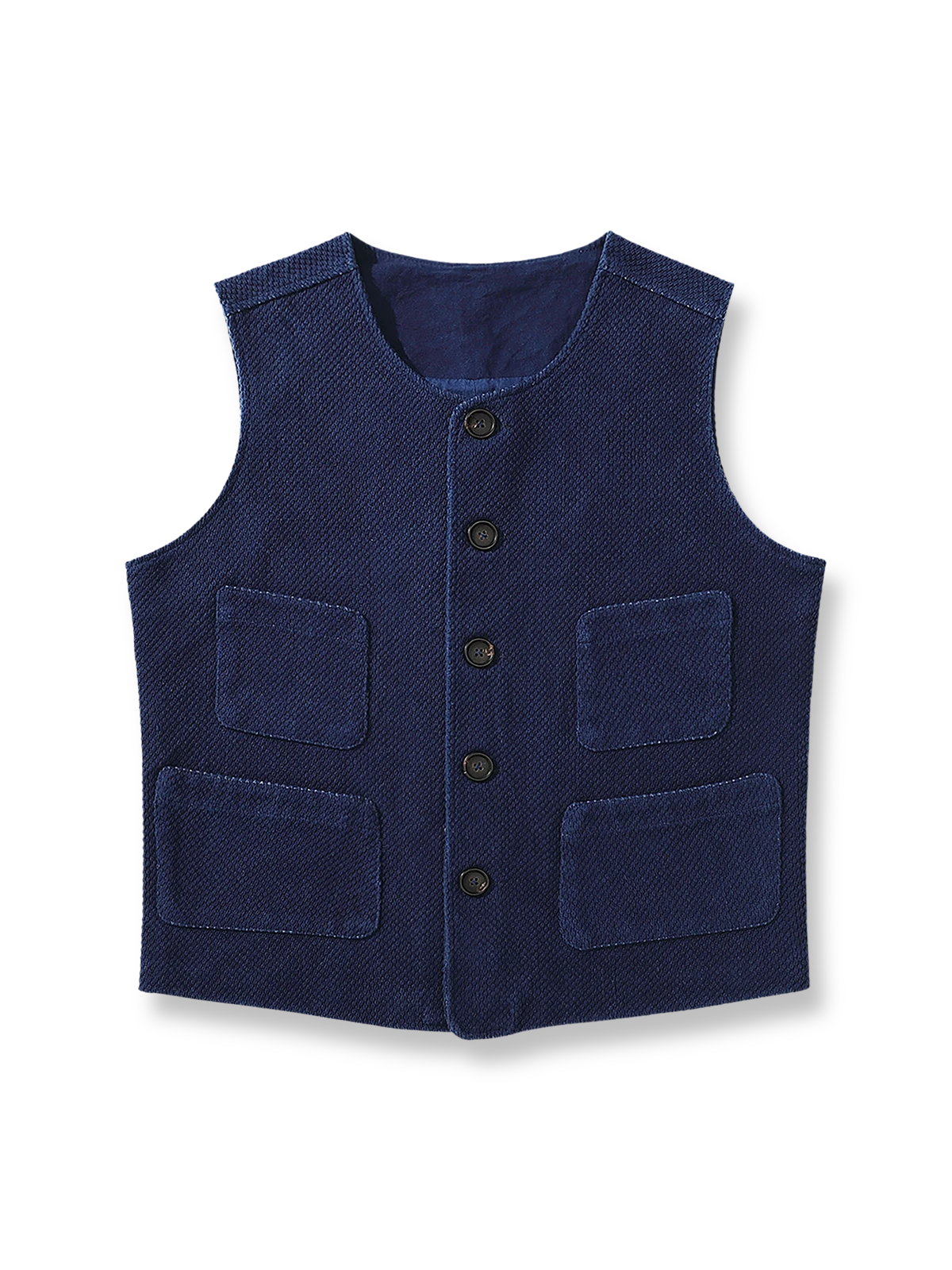 真剣道用刺子生地の藍染めワークベスト。深みあるブルーと多機能ポケットが特徴。