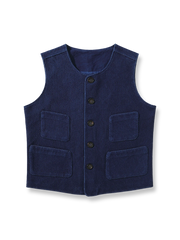 真剣道用刺子生地の藍染めワークベスト。深みあるブルーと多機能ポケットが特徴。