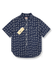 ギターパターン抜染のインディゴリネンコットンワークシャツ