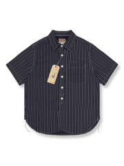 ハート柄抜染のインディゴリネンコットンWabashワークシャツ