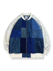 刺子布パッチワークと藍染めを融合したゆったりフィットのベースボールジャケット。