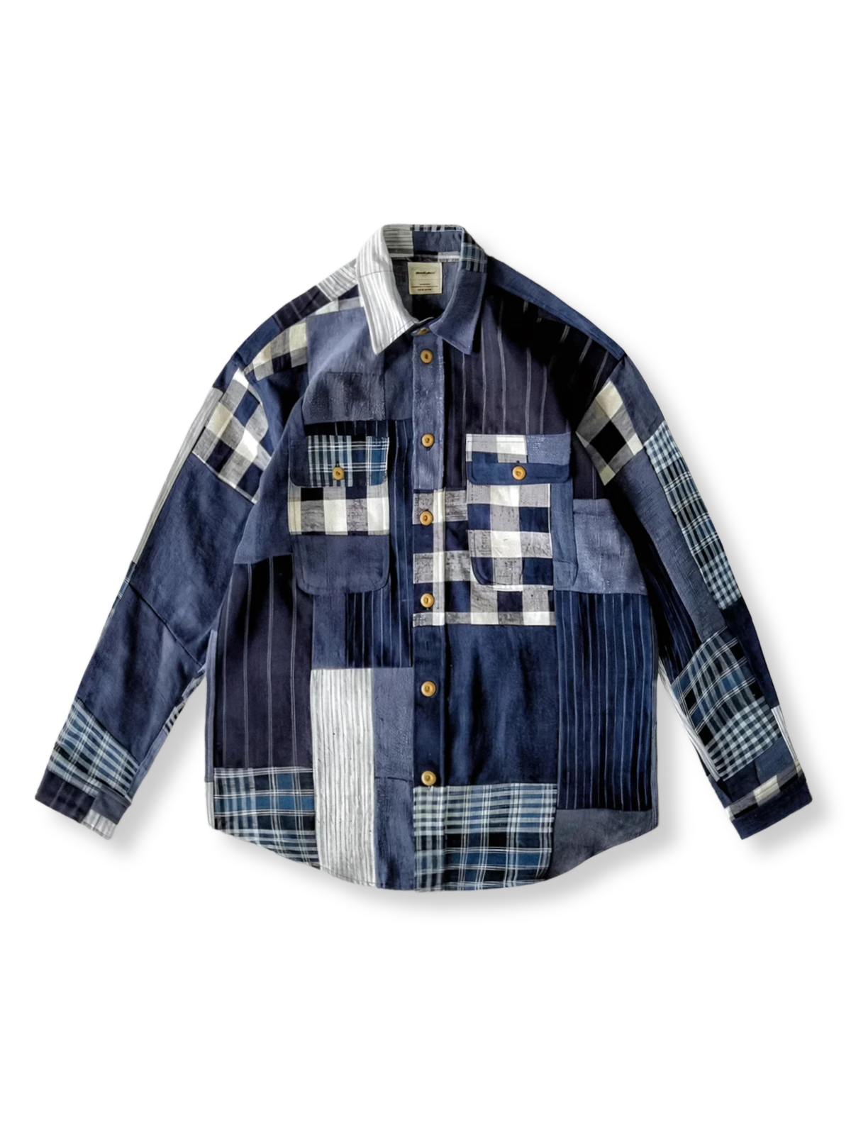 藍染めパッチワーク長袖シャツ