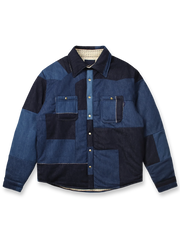 藍染め古布とデニムのパッチワーク、シンサレート中綿入りで軽量かつ暖かい冬用ジャケット