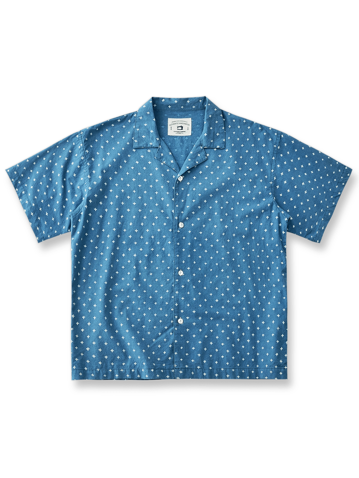 ひび割れ模様のインディゴプリントが施されたキューバシャツ