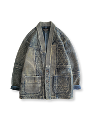 藍染刺し子パッチワーク技法で仕立てたゆったりシルエットのはんてん。