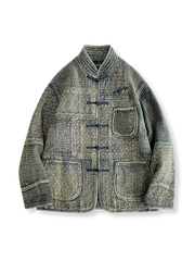 藍染め刺子織りのピースワークとチャイナボタンが特徴の立ち襟ジャケット