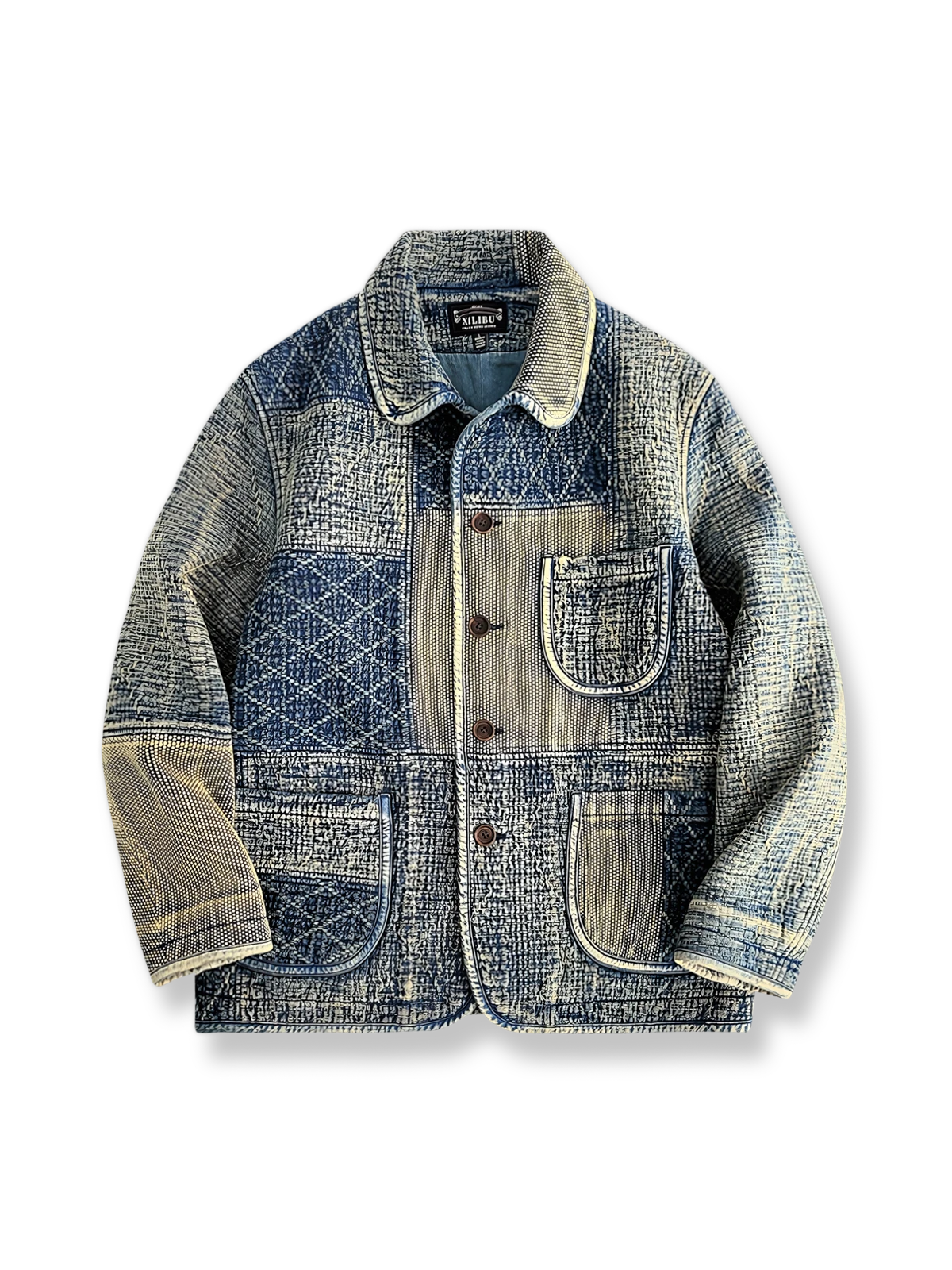 藍染刺し子パッチワークとウォッシュ加工が特徴のテーラードジャケットの全体像。
