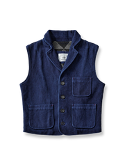 600g剣道刺子生地と伝統藍染めを用いた厚手ベスト。高級牛角ボタンと三ポケットデザインが特徴。