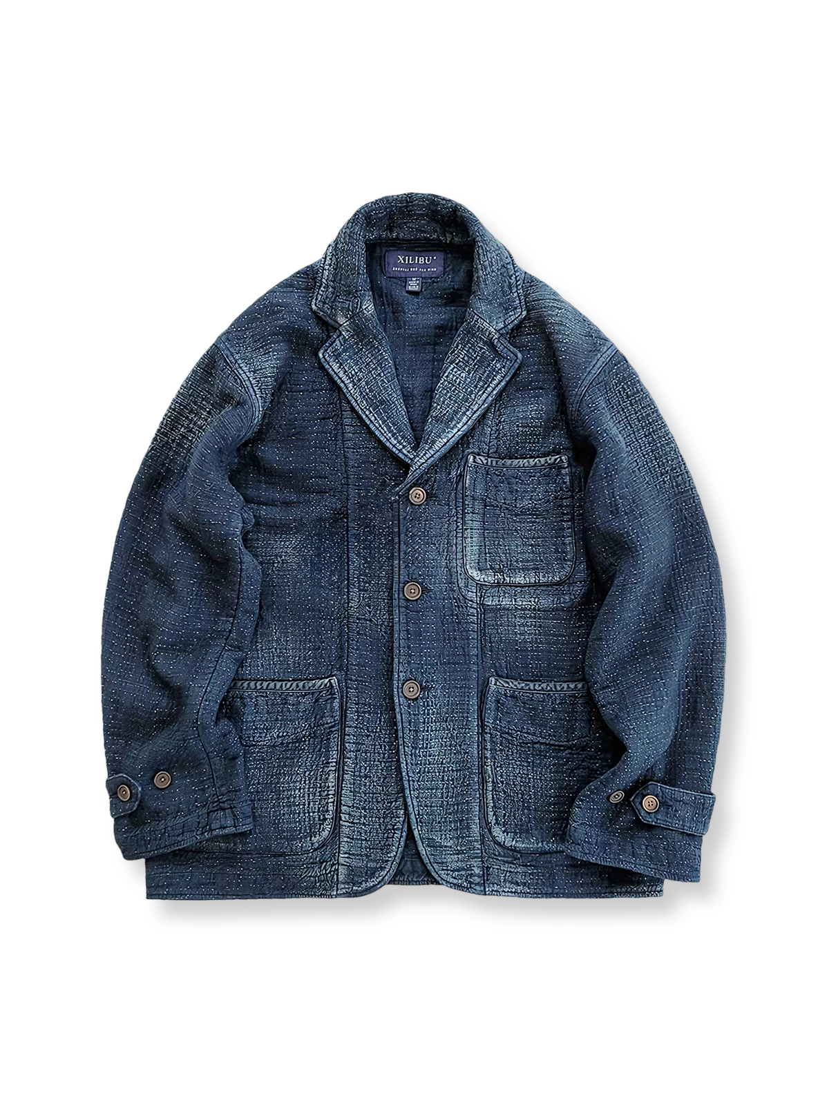 藍染め刺し子織り生地を使用したルーズフィットブレザー。