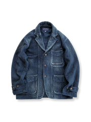 藍染め刺し子織り生地を使用したルーズフィットブレザー。