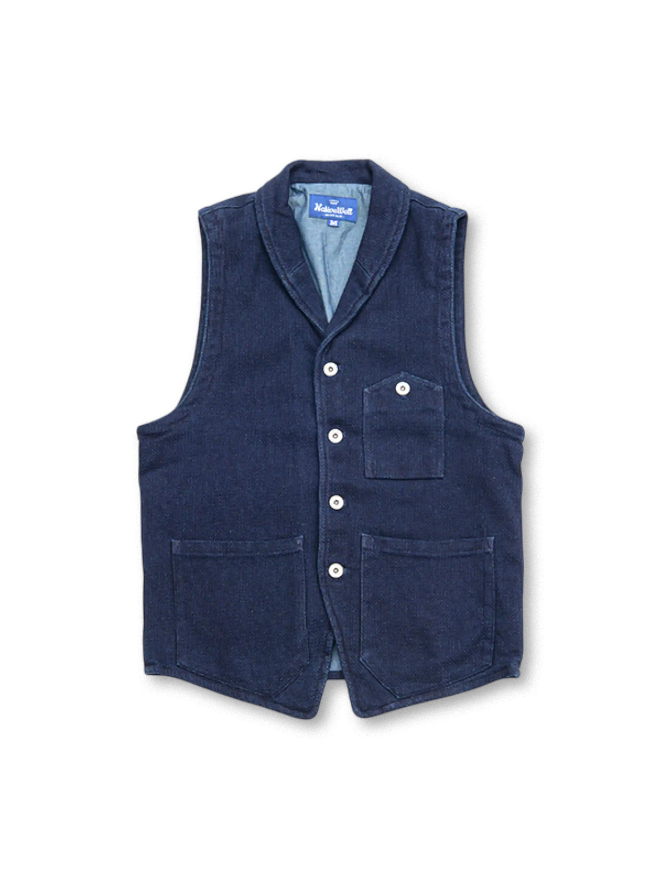 藍染刺し子生地使用の日本伝統風ワークベスト。小襟とYKKアンティーク工字ボタン付き。