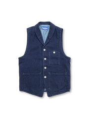 藍染刺し子生地使用の日本伝統風ワークベスト。小襟とYKKアンティーク工字ボタン付き。