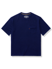 藍染めと草木染め素材、ナバホビーズ刺繍が特徴のドロップショルダー綿Tシャツ、リラックスシルエット