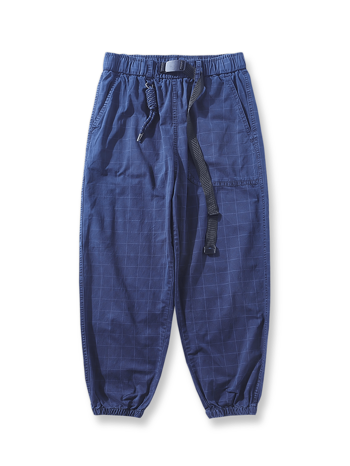 インディゴツイルのチェック柄とウエストゴム・ジョガー裾が特徴のヴィンテージワークパンツの全体像。