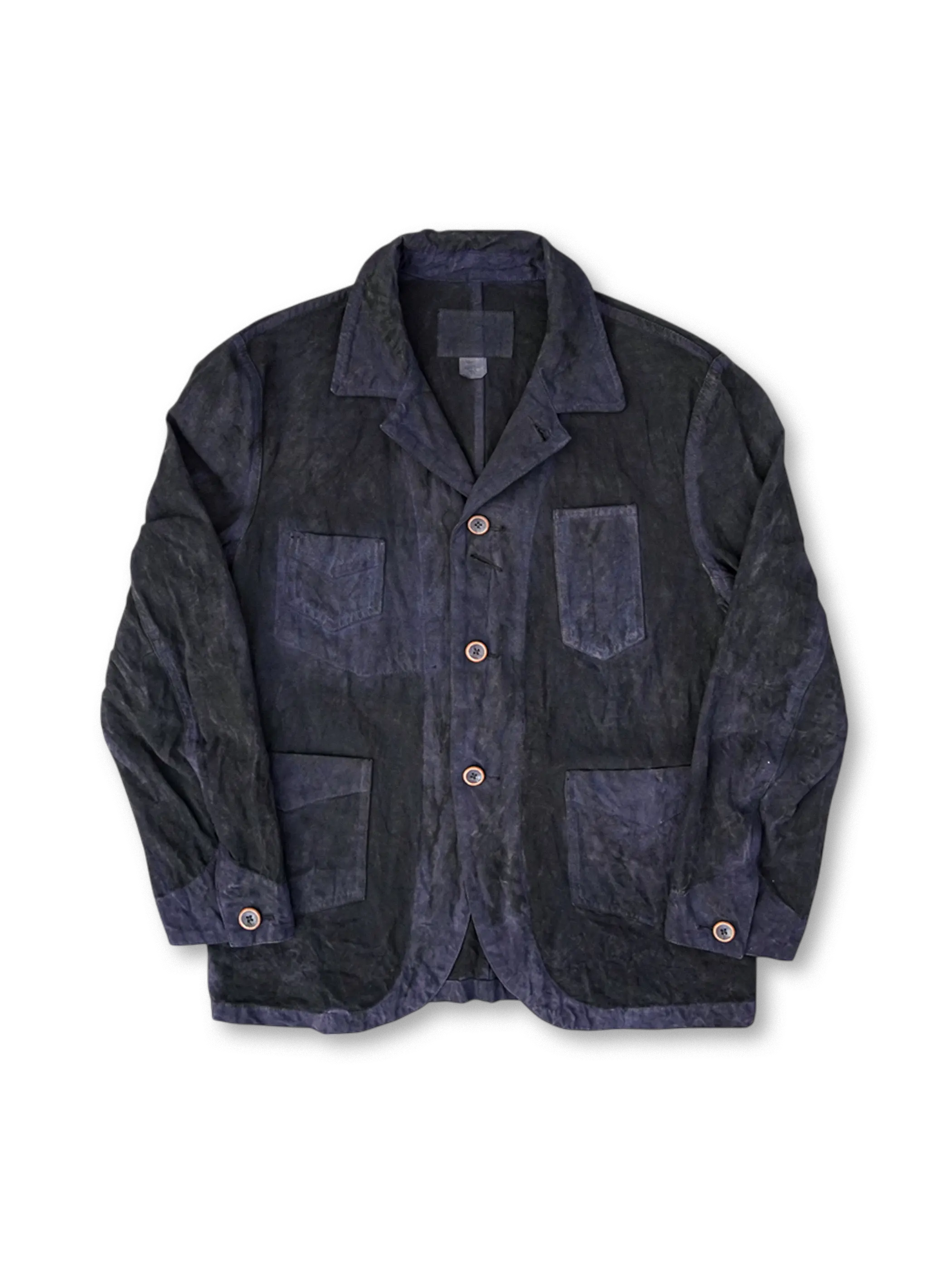 鉄錆染めと五倍子染めで仕上げた黒藍色のコットンワークジャケット