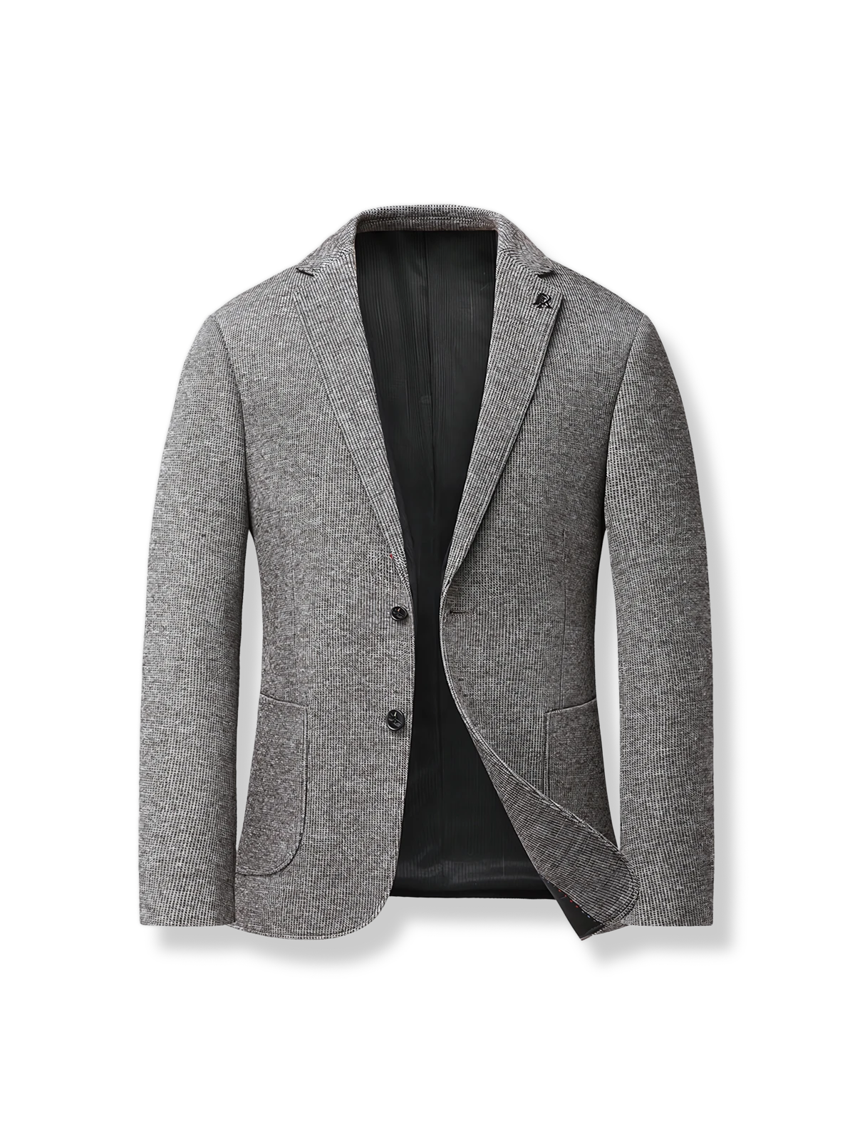グレー格子柄のスリムフィットウールスーツ、成型胸パッド入りのイタリアンテーラードジャケット。