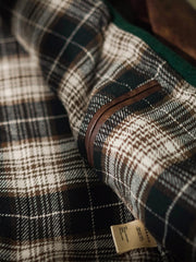 ジャケットのディテール。IDEAL社製銅製ジッパーとレザーの袖を示す。