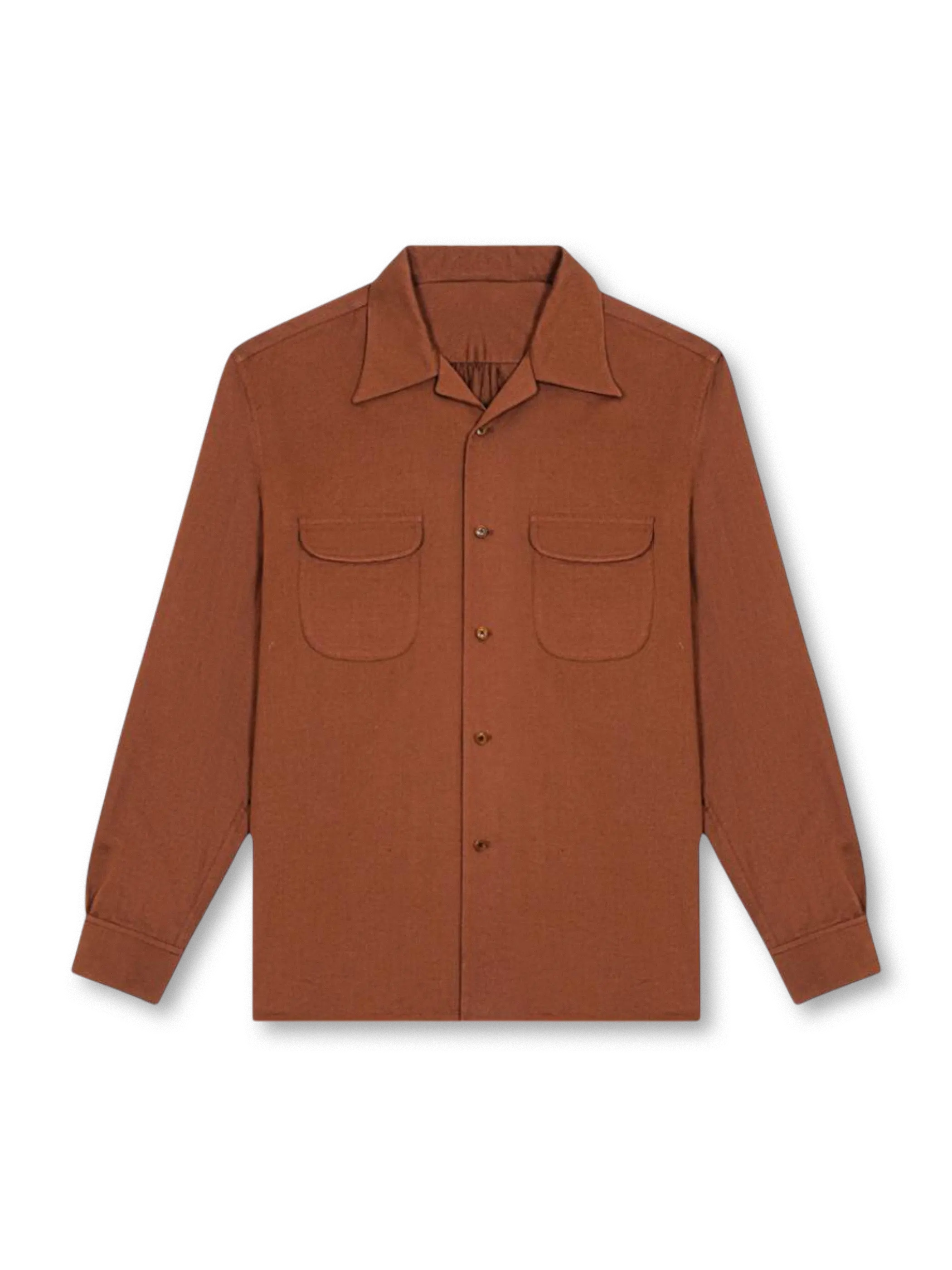 1940年代スポーツウェア風オープンカラーとリネン混紡生地が特徴の知的な長袖シャツ