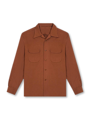 1940年代スポーツウェア風オープンカラーとリネン混紡生地が特徴の知的な長袖シャツ