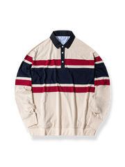 アイビーストライプとコントラスト襟が特徴のラグビーポロシャツ。