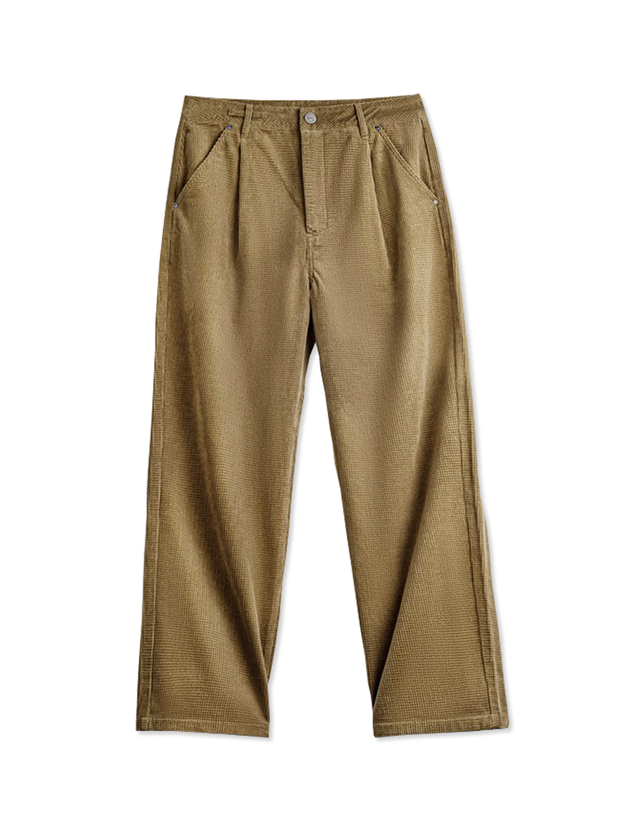 8ウェールのジャカード織りコーデュロイ素材を使用したワイドストレートパンツ。270g/m²のコットン100%で快適な履き心地。フロントプリーツと銅製ドーナツボタン、スラッシュポケットを備えたワークテイストデザイン。