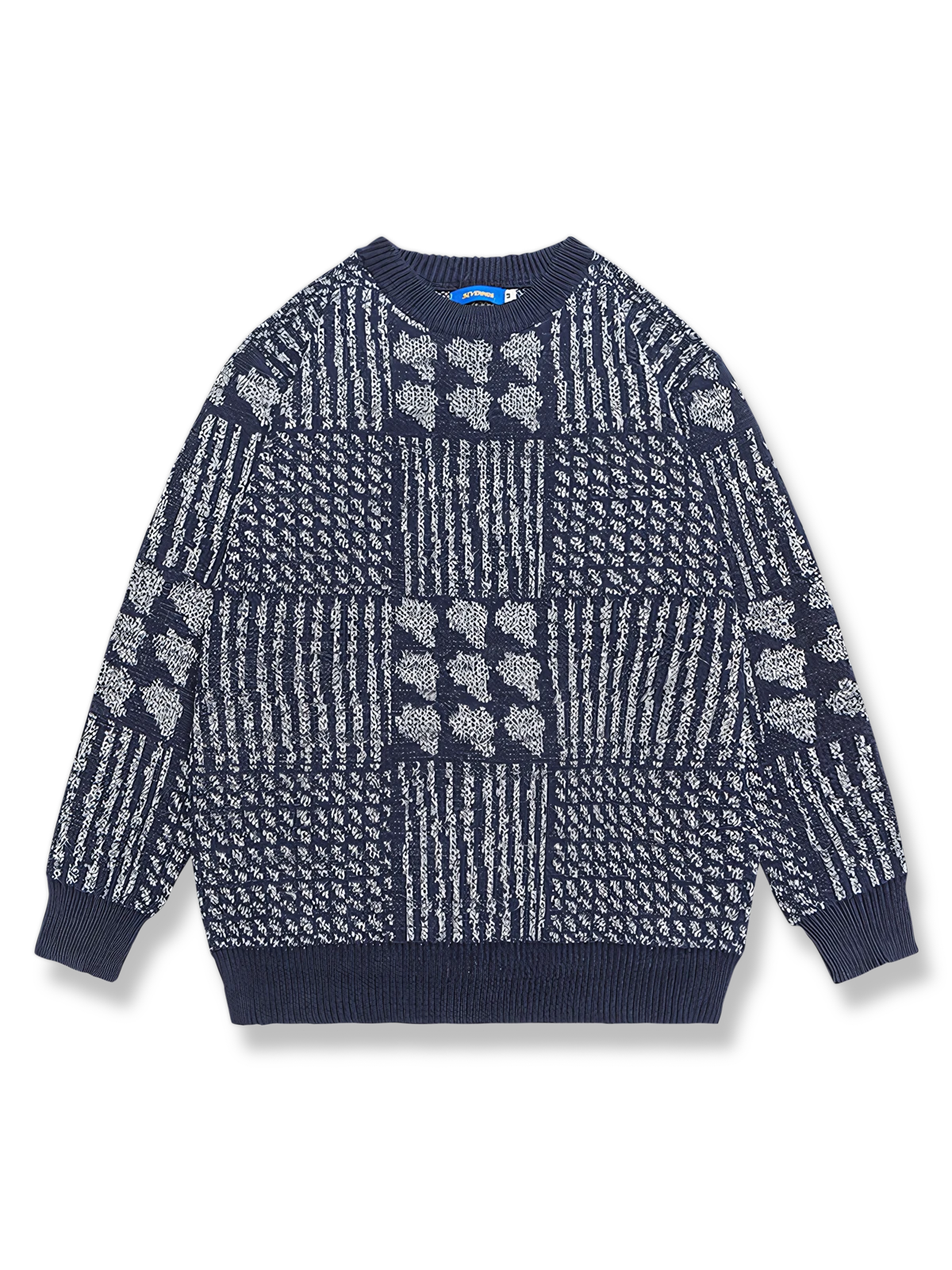 ジャカード織りのクルーネックニットセーター