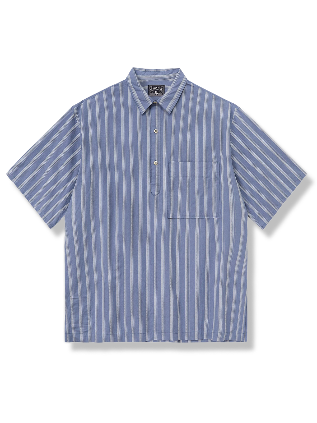 ジャガードストライプ半袖シャツ、プルオーバースタイル、光沢エンボス加工、ルーズフィット、純綿素材