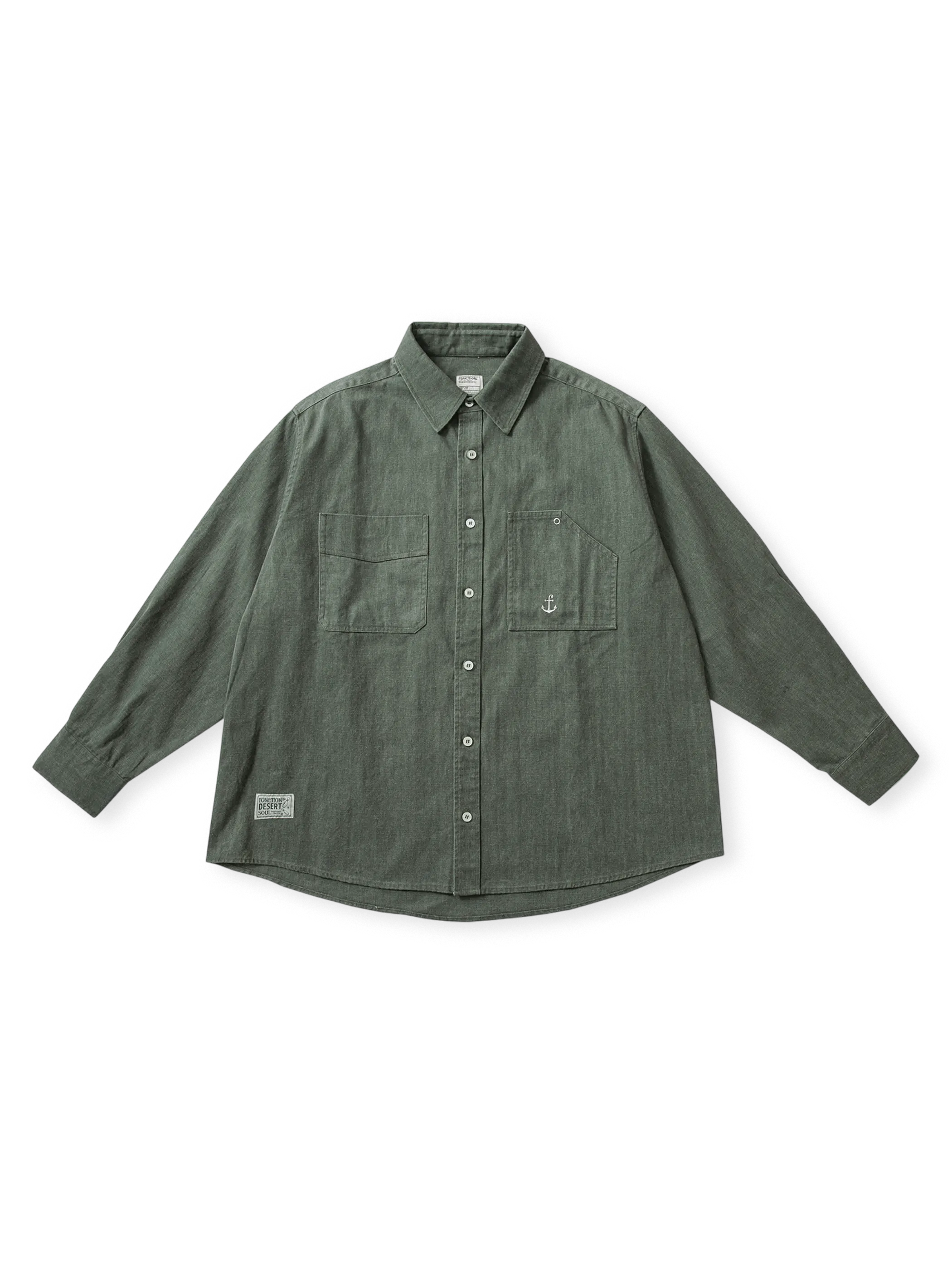 1940年代着想の日本製310gヘリンボーンコットン使用CPOシャツ。非対称ポケットとYKK五爪ボタン付き。